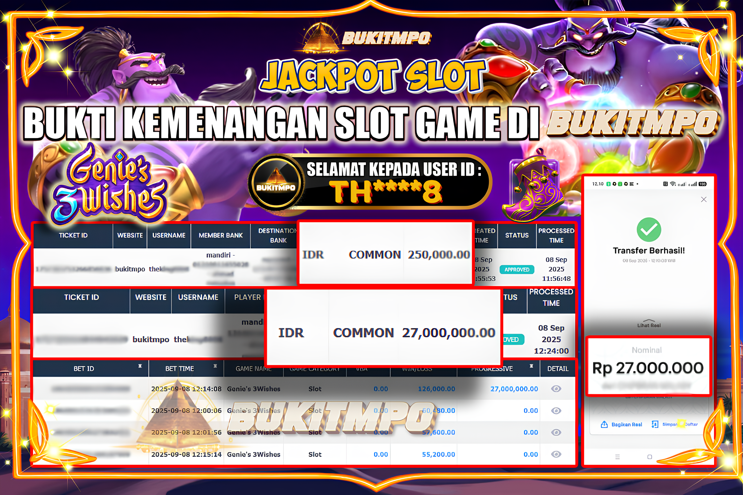 BUKITMPO JACKPOT Genie's 3Wishes Spins Rp.27.000.000,- LUNAS